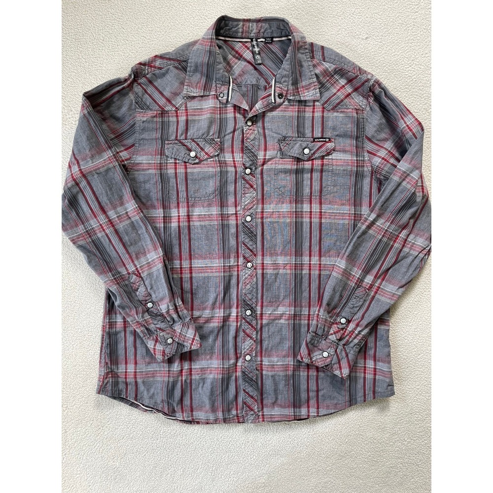 Ocean Current Mens Large Western Pearl Snap Shirt Grey Red Plaid Cotton Cowboy
